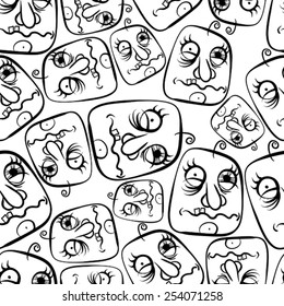 Funny se enfrenta a un fondo sin fisuras, el patrón de estilo de dibujos animados vectoriales de líneas negras y blancas.