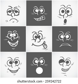 Funny faces set with different expressions on grey background.