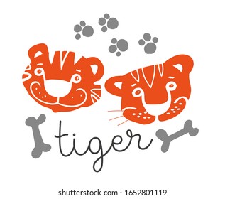 funny faces of stylized tigers, text tiger, gray, orange, funny predators, smile, white, stripes, funny animals, african animals, bone, footprints