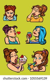 funny facial expressions woman set collection. Comic cartoons pop art retro vector illustration kitsch drawing