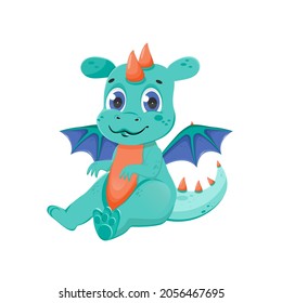 Funny fairy dragon character. Cute magic animal with wings. Isolated vector illustration.