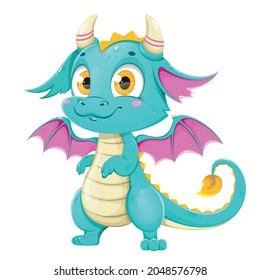 Funny fairy dragon, cute magic lizard with wings