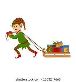 Funny fairy elf boy carries gifts on a sled, color vector illustration, isolated, on a white background. Clipart, design, decoration, holiday poster, sticker, print