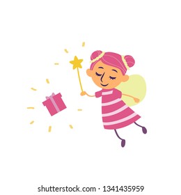 funny fairy and gift box in cartoon style isolated on white background vector