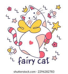 Сute and funny fairy kitty. Adorable feline print for cat lovers. Isolated against a white background. Playful cat with fun magic wand and wings