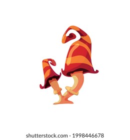 Funny fairy tale fantasy mushroom or toadstool with striped cap, flat vector illustration isolated on white background. Unusual fantasy forest mushroom.