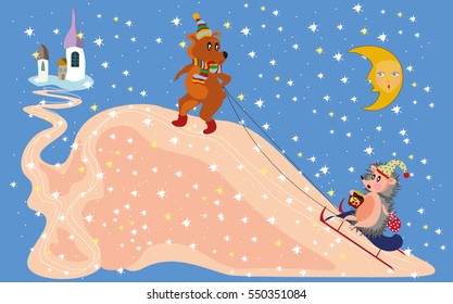 Funny fairy tale scene with little bear in hat pulling sled with hedgehog sitting on it and holding a bag and a cherry jam jar towards the small house in the winter snowing night with moon watching 