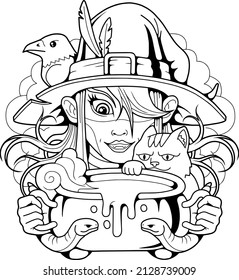 funny fairy tale witch, contour illustration, coloring book