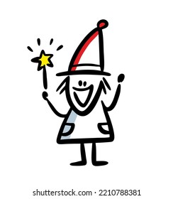 Funny fairy tale witch with magic wand sketch drawing. Vector illustration of stickman in costume for Halloween party.