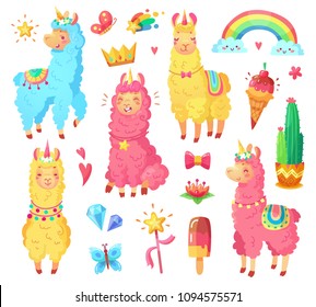 Funny fairytale cute mexican smiling colorful yellow, pink, blue alpaca with fluffy wool and cute rainbow llama unicorn. Magic rainbow wildlife character pets cartoon illustration set