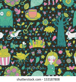 Funny fairytale seamless pattern with little princess, horse, magic tree, castle, frog, key, cake. Sweet vector background can be used in birthday design, children bedroom.