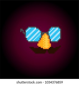 funny fake mask made of glasses mustache and nose. Pixel art. Old school computer graphic style. 8 bit video game. game element.