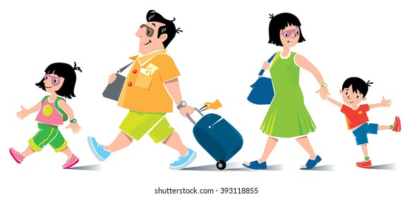 Funny family in airport. Vector illustration of fast paced family, father with suitcase, in shorts and sneakers, little girl, his daughter, goes ahead with backpack. Mother with son go behind them. 