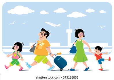 Funny family in airport. Vector illustration of fast paced family, father with suitcase, in shorts and sneakers, little girl, his daughter, goes ahead with backpack. Mother with son go behind them. 