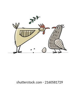 Funny Family - Chicken and Rooster characters with egg. Art isolated on white for your design