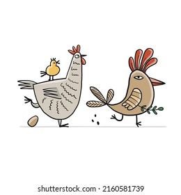 Funny Family - Chicken and Rooster characters with chick. Art isolated on white for your design