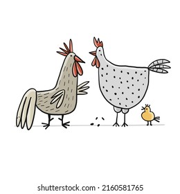 Funny Family - Chicken and Rooster characters with chick. Art isolated on white for your design