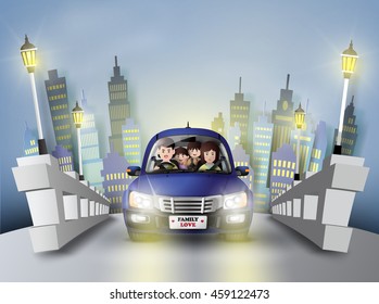 Funny family driving the car in big city.paper art style.