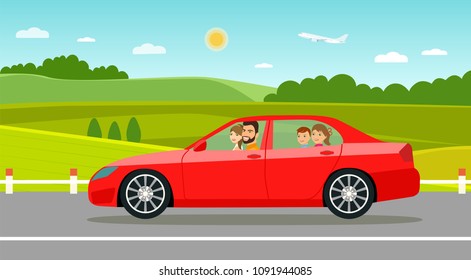 Funny  family driving in car on weekend holiday. Summer landscape.Vector flat style illustration