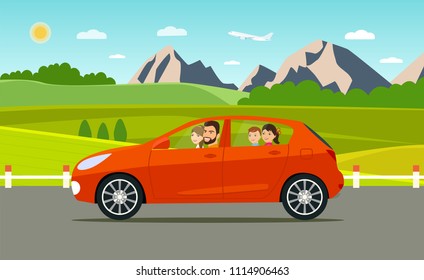 Funny  family driving in car on weekend holiday. Summer  landscape.Vector flat style illustration