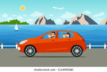 Funny  family driving in car on weekend holiday. Summer sea landscape.Vector flat style illustration