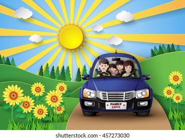 Funny family driving in car on weekend  holiday.paper art style.