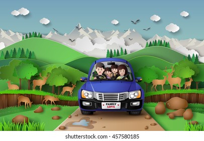 Funny Family Driving In Car On Weekend  Holiday.paper Art Style.