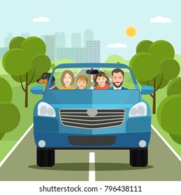 Funny  family driving in car on weekend holiday. Vector flat style illustration