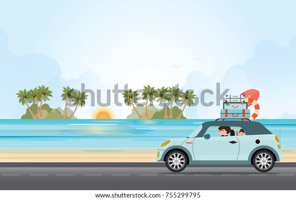 Funny\
family driving in car on weekend holiday with surfboard and\
suitcases on a beach. Vector flat\
illustration.