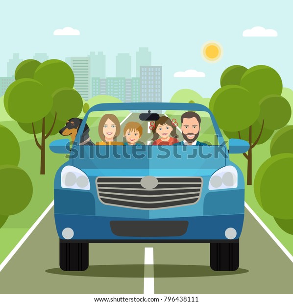Funny  family driving in car on weekend\
holiday. Vector flat style\
illustration