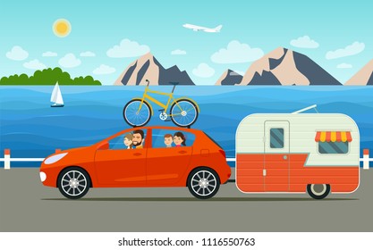 Funny  family driving in car and trailers caravan on weekend holiday. Summer sea landscape.Vector flat style illustration