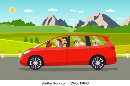 Funny  family driving in minivan on weekend holiday. Summer  landscape.Vector flat style illustration