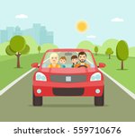 Funny family driving in red car on weekend holiday. Vector flat illustration