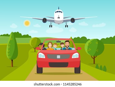 Funny family driving in red car on weekend holiday. Airplane flying over car. Vector flat style  illustration