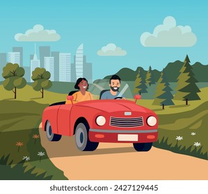 Funny family driving in red car on weekend holiday. Vector flat cartoon illustration