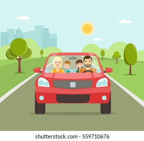 Funny family driving in red car on weekend holiday. Vector flat illustration