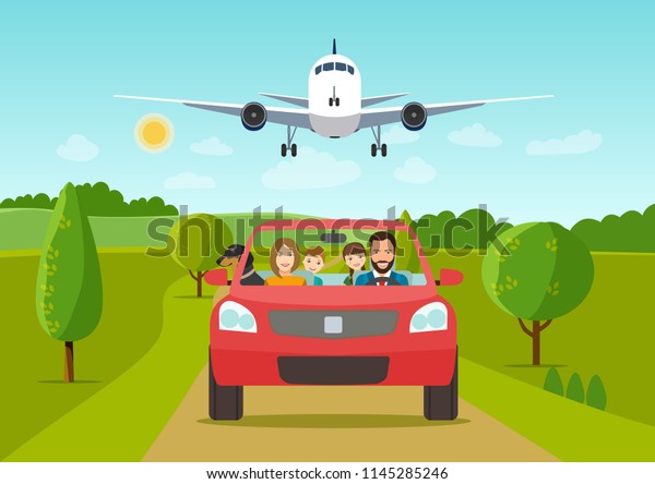 Funny family driving\
in red car on weekend holiday. Airplane flying over car. Vector\
flat style  illustration