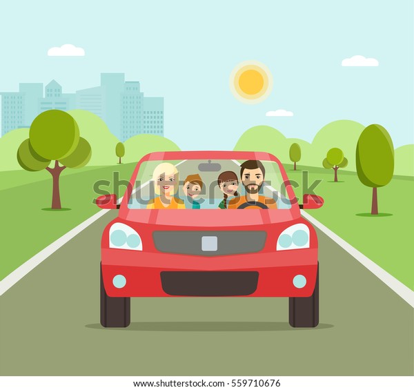Funny family driving in red car on weekend\
holiday. Vector flat\
illustration