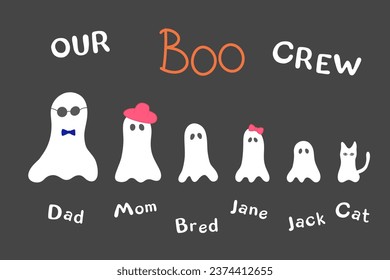 funny family of ghosts - boo crew. five ghosts and a ghost cat on a grey background. Vector Halloween illustration
