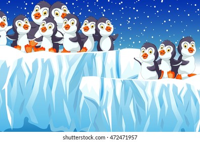 funny family penguin cartoon with snow mountain landscape background