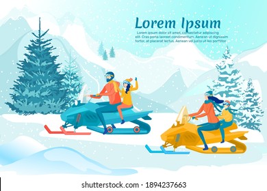 Divertida carrera familiar en motos de nieve en el bosque de invierno Snowy. Dos equipos unidos, padre e hija, madre e hijo, preparándose para la competencia en las escopetas de nieve. Banner con espacio para copiar texto extra.