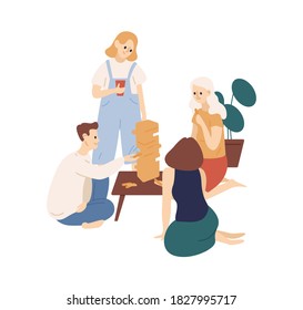 Funny family or relatives playing together vector flat illustration. Parents and children build tower with wooden blocks isolated on white. People enjoying board game sitting on floor at home