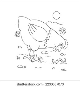 Funny family of a rooster, a cute hen and a little chick, a black and white vector illustration in cartoon style for a coloring book