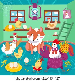 Funny Family Of Rooster And Hen With Fox In Chicken Coop. Vector Color Illustration. Picture For Design Of Posters, Books, Puzzles. 