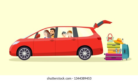 Die lustige Familie sitzt mit einem offenen Kofferraum im Auto. Koffer, Taschen und anderes Gepäck neben dem Kofferraum des Wagens. Vektorgrafik-Flachbild-Illustration