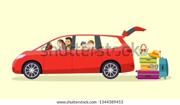 Funny  family sits in the car with an open\
trunk. Suitcase, bags and other luggage next to the trunk of the\
car. Vector flat style\
illustration
