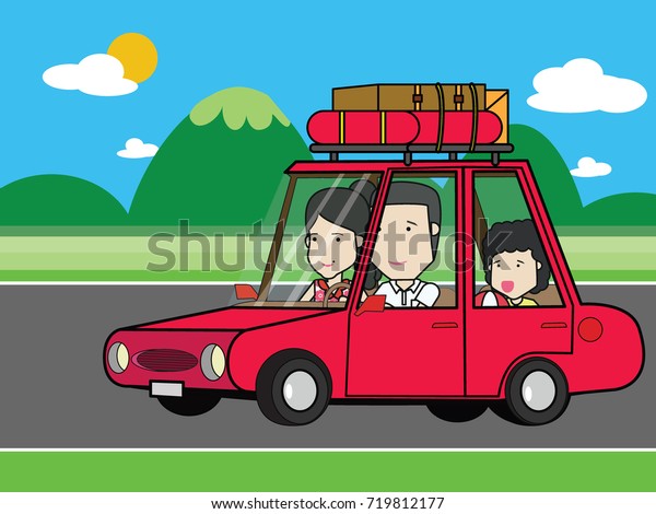 Funny family travel by red\
car on a road with mountains in background. Flat cartoon vector\
design.