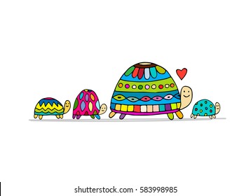 Funny family, turtle with chidren, sketch for your design. Vector illustration