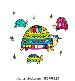 Funny family, turtle with chidren, sketch for your design. Vector illustration