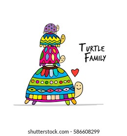 Funny family, turtle with chidren, sketch for your design